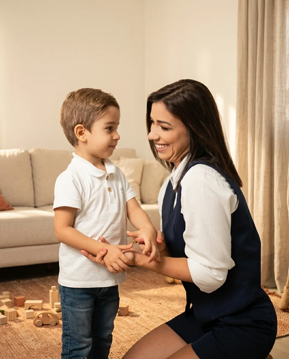 Luana Piassi com o filho na sala de casa